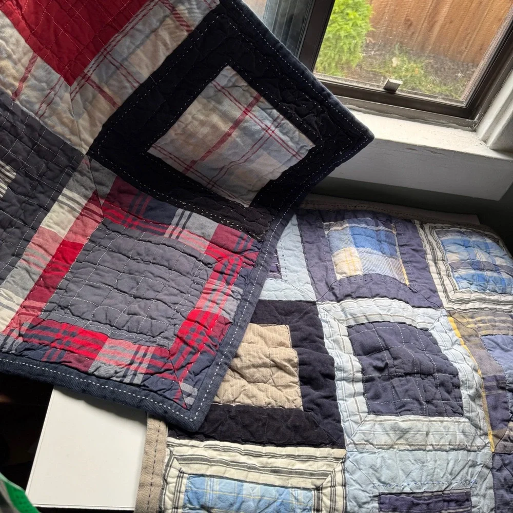 Pottery Barn Kids Quilted Pillowcase Shams Set Blue Red Plaid Patchwork Cotton